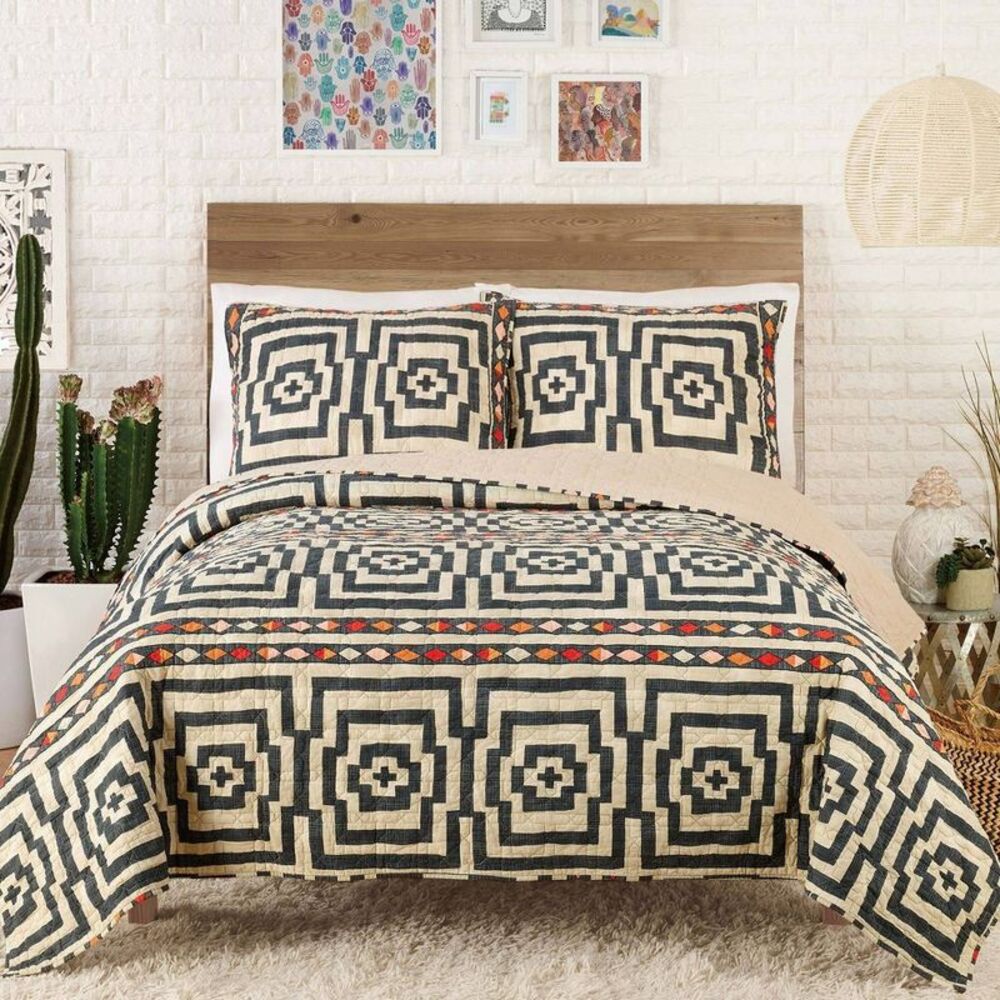 3pc Full/Queen Hypnotic Quilt Set Black: Cotton Weave Includes Shams Boho Style